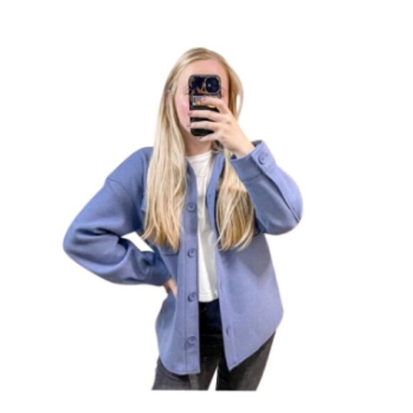 Anthropologie Avec Les Filles Blue Oversized Shacket Patch Jacket Sz. S - Picture 2 of 8